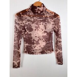 AiiRZ Brown Cow Print Mesh Turtleneck Top Long Sleeve Sheer Blouse Small
